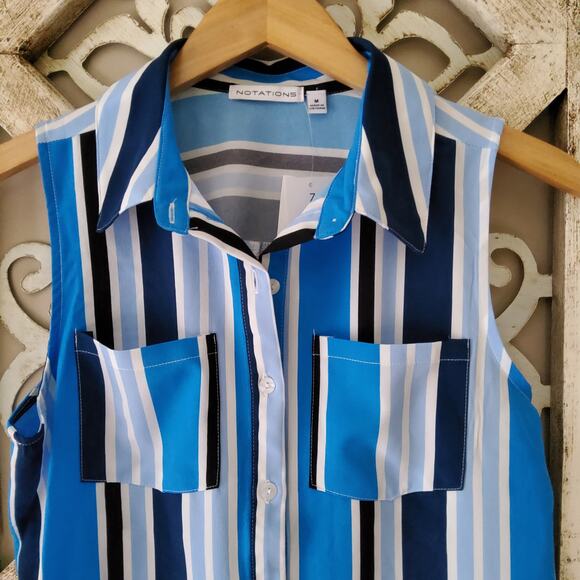 Notations Women's M Sleeveless Collar Button Down Pocket Blouse Tank Top Stripe - Picture 5 of 7